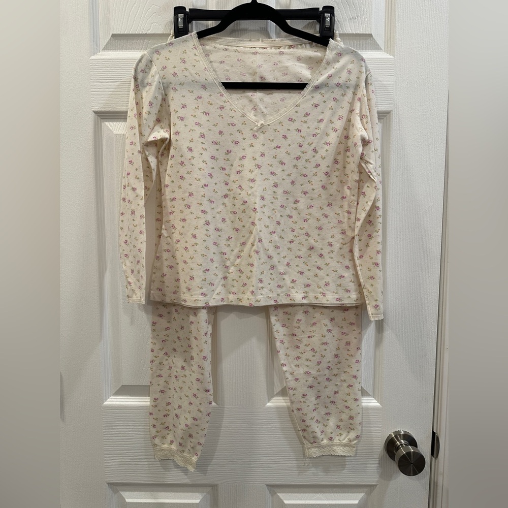 Women’s lorraine lace trim v- neck vintage cotton blend floral pajama set size M